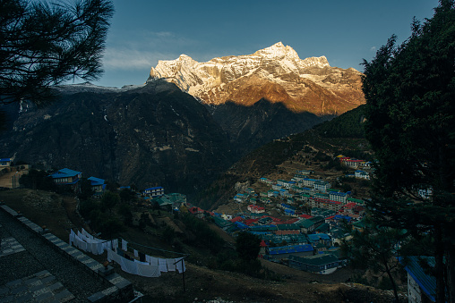 panorama view of Mount Everest massif (including Nuptse and Lhotse) and Ama Dablam from Namche Bazar, Himalayas, Nepal. High quality photo