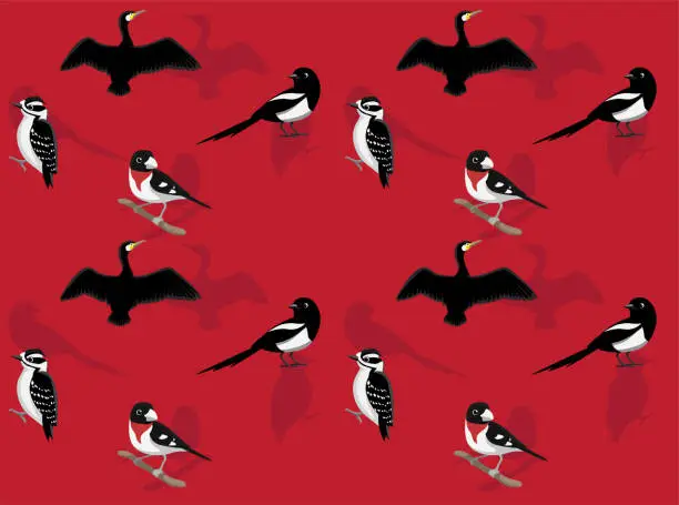 Vector illustration of Bird Magpie Grosbeak Cormorant Woodpecker Cartoon Seamless Wallpaper Background