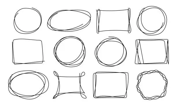 Vector illustration of Vector doodles of different shapes. Square, circle, oval, rectangle, frame. Design element