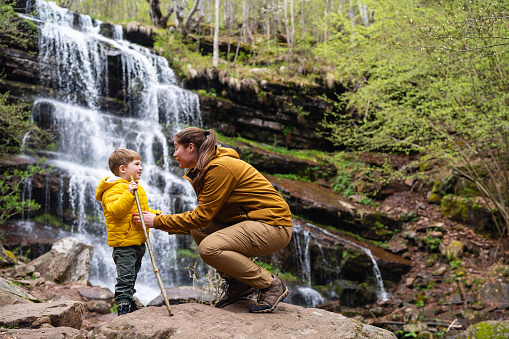 Mother and son on a hiking trip.