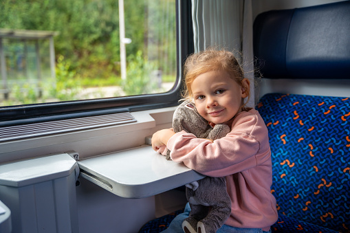 Beautiful little girl near train window, during traveling by railway in Europe. High quality photo
