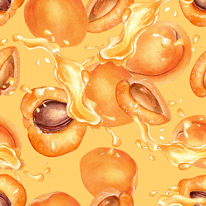 Watercolor seamless pattern with apricots and juice drop isolated on yellow. Painting segment fruits, nectarine, splashing juice hand drawn. Design element for package, textile, wrapping, paper.