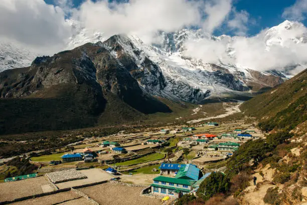 Mountains. Horizontal Panoramic view of village in Himalaya, Nepal, Asia. High quality photo