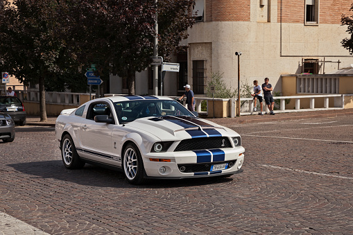 American sports car Ford Mustang Shelby GT500 at the rally Giro dei Colli in Predappio, FC, Italy on September 17, 2023