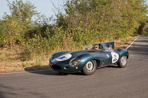 Racing car Jaguar D-Tipe (1954) in classic race Gran Premio Nuvolari, on September 17, 2023 in Predapppio, FC, Italy