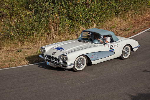 Vintage Chevrolet Corvette C1 (1959) in classic car race Gran Premio Nuvolari, on September 17, 2023 in Predapppio, FC, Italy