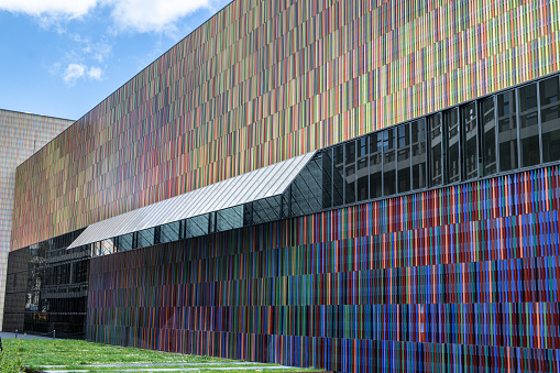 Munich, Germany - Apr 29, 2023: Modern museum building in Munich in Germany. Symmetry. Minimalism.