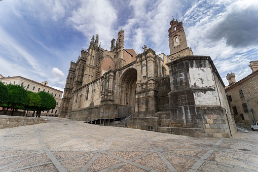 Spectacular panoramic view of the cathedral of Plasencia of gothic renaissance style in one of the medieval squares.