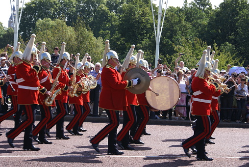 Buckhannon, West Virginia, USA - May 18, 2019: Strawberry Festival, The Diplomats Drum and Bugle Corps marching band from Windsor, Canada performing at the parade