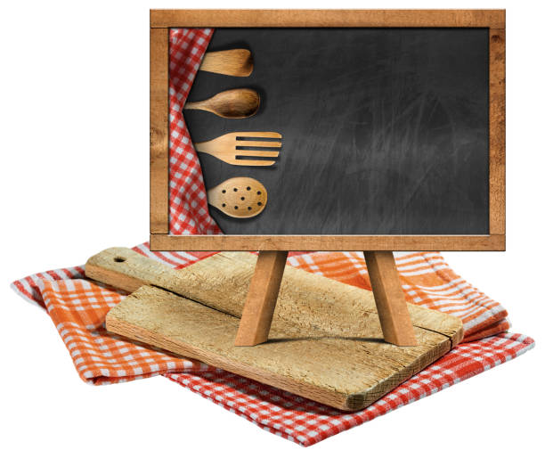 istock Old Cutting Board and Empty Blackboard with Wooden Kitchen Utensils 1759268349