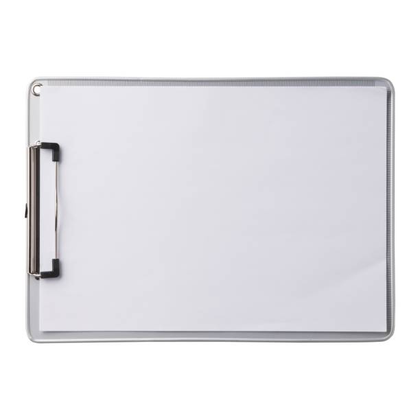 istock Silver clipboard with clip at the top for papers. Single clipboard, writing board with papers. Realistic, photography, isolated on white background. 1759280344