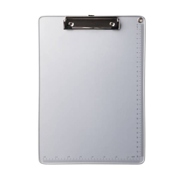 istock Silver clipboard with clip at the top for papers. Single clipboard, writing board without papers. Realistic, photography, isolated on white background. 1759282141