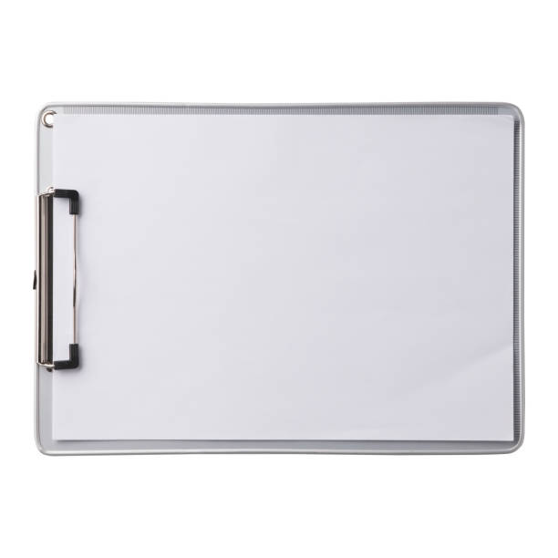 istock Silver clipboard with clip at the top for papers. Single clipboard, writing board with papers. Realistic, photography, isolated on white background. 1759283248