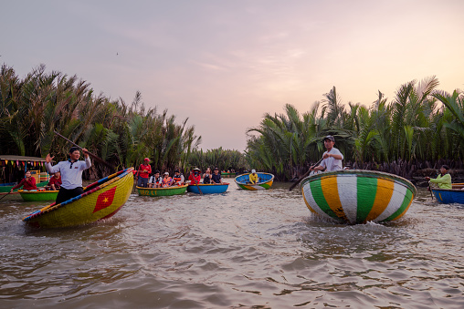 da nang ,VIETNAM- May 04 :Tourists riding bamboo basket boats in Hoi An, vietnam (Cam Thanh water coconut village )