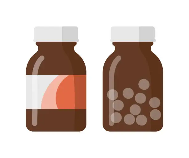 Vector illustration of Glass pill bottles, medicine containers set.