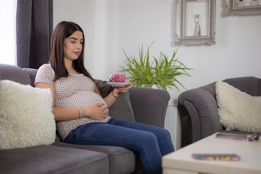 The pregnant woman is holding a cup of tea, cuddling the belly and relaxing on the cozy grey sofa in her living room.