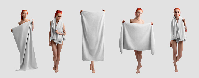 Mockup of a white bath towelette in a girl's hands in full length, soft cloth for wiping. A set of towelling in a woman's shoulders. Towel presentation template for branding, isolated on background