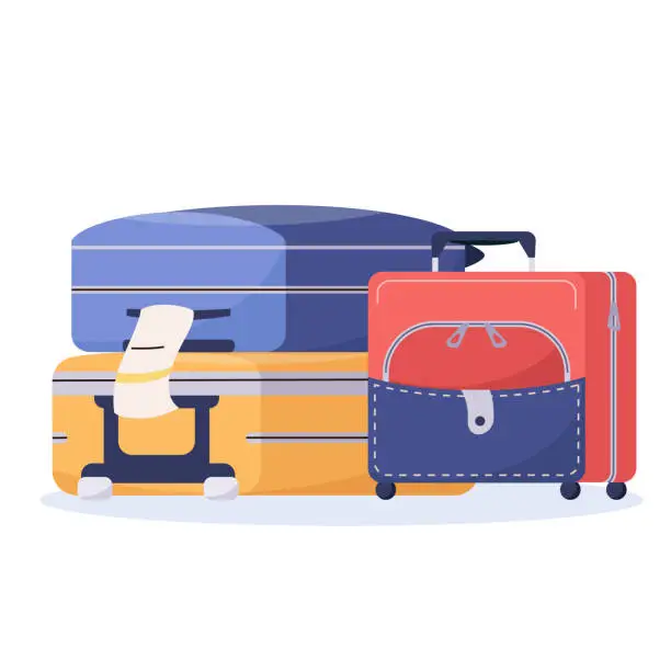 Vector illustration of Travel bags composition. Cartoon suitcases wheels, plastic luggage, fashion baggage for journey. Luggage for children or adults. Vector illustration for tourism in flat style