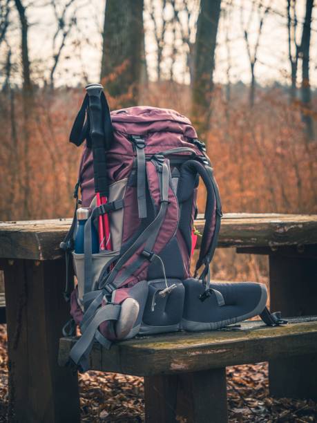 Expedition trekking backpack on a wooden bench in an autumn forest packed with water bottle hiking poles