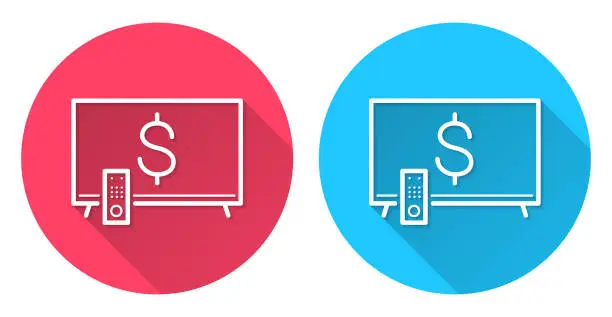 Vector illustration of TV with Dollar sign. Round icon with long shadow on red or blue background