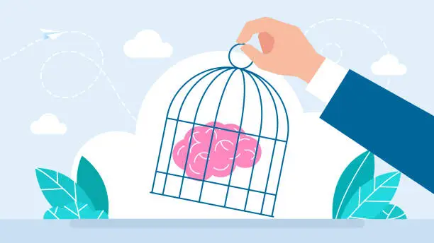 Vector illustration of Freedom from templates. Brain locked in cage. Hand lifts cage from person's brain. Opening creative mind. The liberation and freedom of the mind. Concept of unlock potential. Flat vector illustration