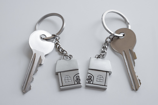 Two keys with keyring isolated on white background with copy space.