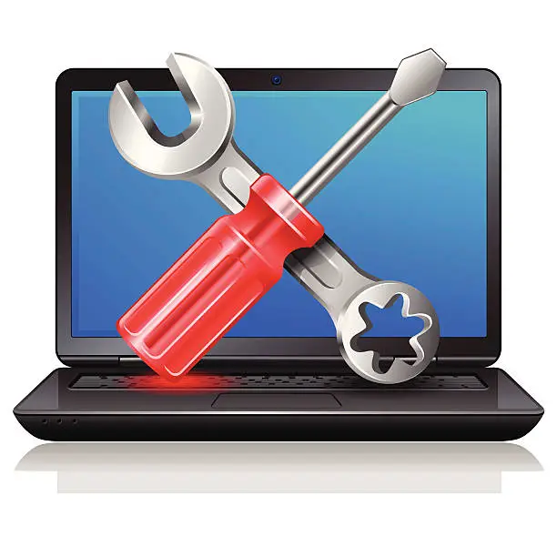 Vector illustration of spanner and screwdriver in laptop
