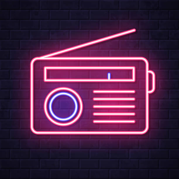 Radio. Glowing neon icon on brick wall background Icon of "Radio" in a realistic neon sign style. The icon is created with pink and purple/blue glowing neon lights on a dark brick wall. Modern and trendy illustration with beautiful bright colors. Vector Illustration (EPS file, well layered and grouped). Easy to edit, manipulate, resize or colorize. Vector and Jpeg file of different sizes. retro transistor radio clip art stock illustrations