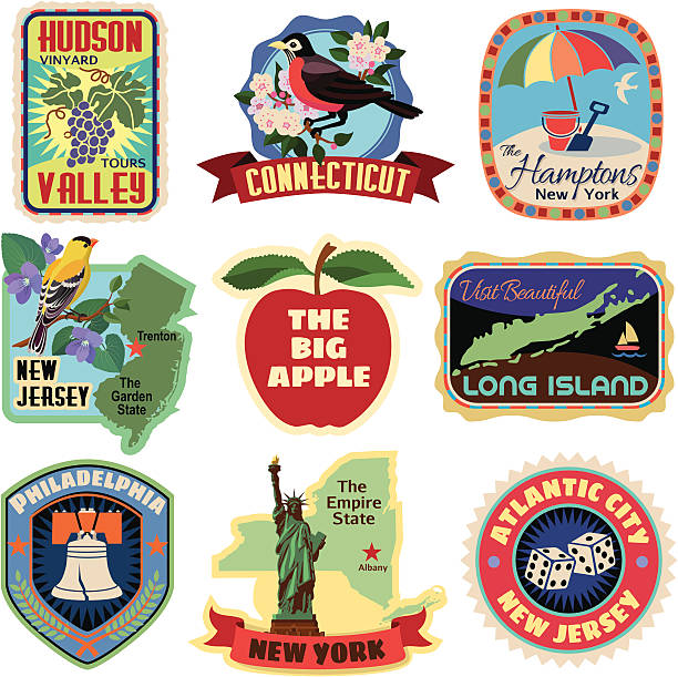 illustrazioni stock, clip art, cartoni animati e icone di tendenza di area metropolitana di new york adesivi di viaggio - connecticut map