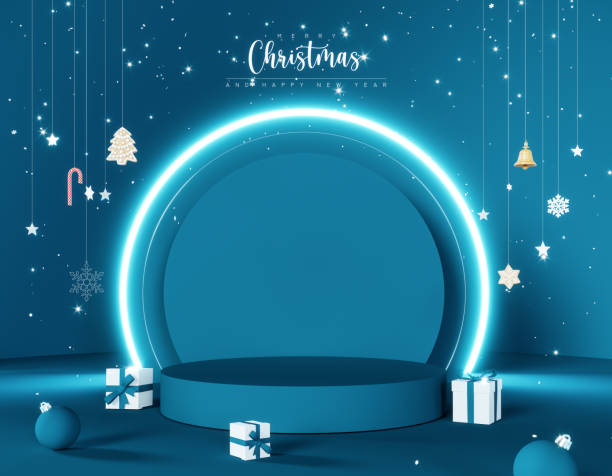 istock Blue Christmas mockup stage with empty round platform for product presentation. Christmas banner with gift box and decoration on blue background. 1759373850