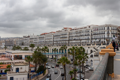 Alger, Algiers, Algeria, 04 19 2023 : panoramic view the Boulevard Amara Mohamed Rachid. Green palm trees, cars, French colonial Renaissance buildings. Cloudy sky.