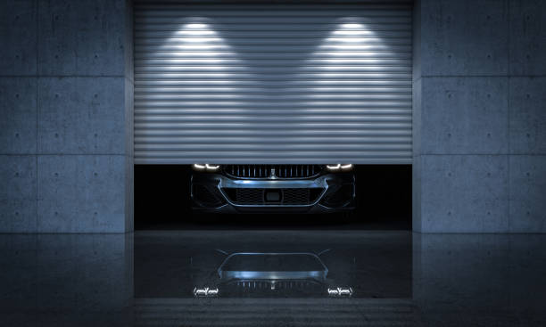 istock luxurious car inside a modern garage with metal shutter. 1759386915