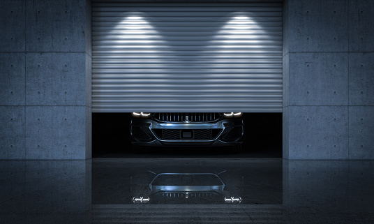 luxurious car inside a modern garage with metal shutter. 3d render