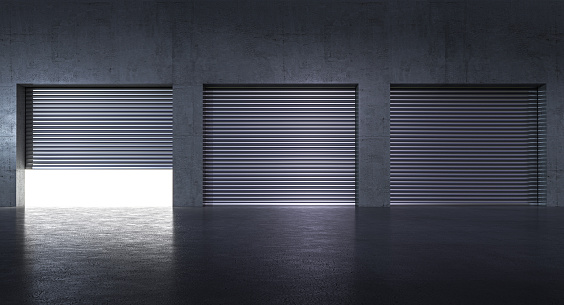 garages with metal shutters and concrete wall, light inside. 3d render