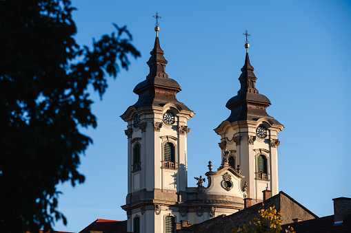Big bell tower of the Catholic church, traditional religious pilgrimage Shrine of our lady of Trsat in Croatian town of Rijeka