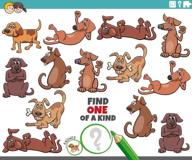 Vector illustration of one of a kind activity with funny cartoon dog characters