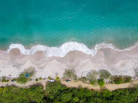 Aerial view of the beautiful coast of Guanaste region in Costa Rica. \nShades of blues and greens