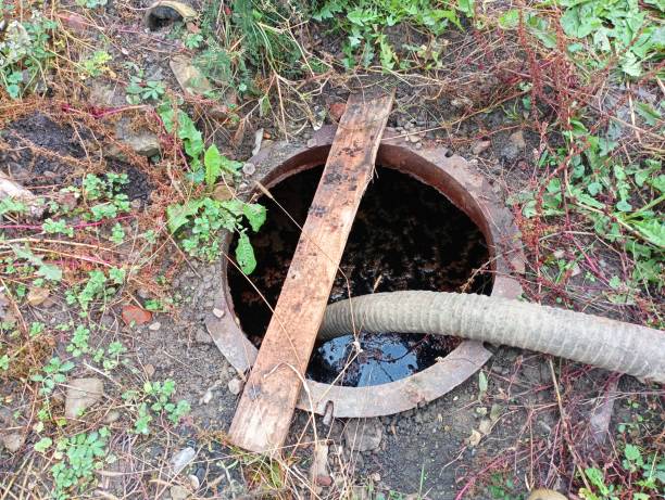 istock Pumping sewage from sewage. A sleeve for pumping out waste is lowered into the sewer hatch. A metal barrel is buried in the ground for sewage. 1759416900