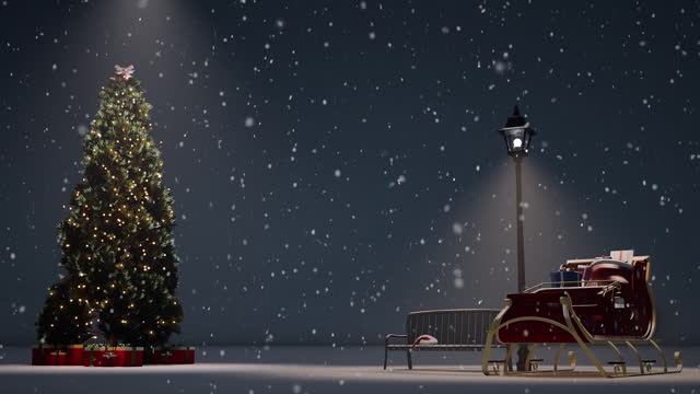 Merry Christmas and Happy New Year with Christmas Tree
4k Snowy place and Christmas tree of shiny particles.
