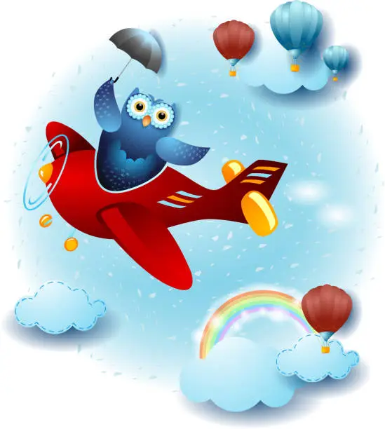 Vector illustration of Sky landscape with funny owl and airplane, vector illustration esp10