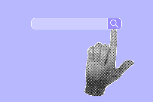 Halftone collage banner, hand gesture pointing to search bar on purple background. Pop art illustration, internet, magnifying glass.