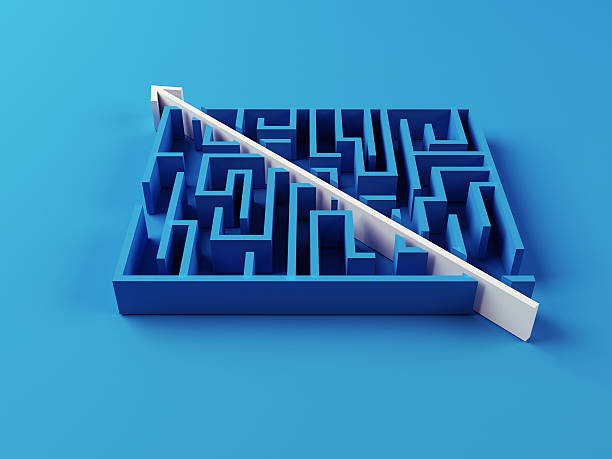 Solved Maze puzzle Solved Maze puzzle on blue background effortless stock pictures, royalty-free photos & images