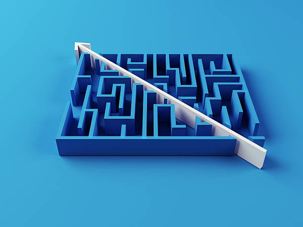 Solved Maze puzzle Solved Maze puzzle on blue background plain stock pictures, royalty-free photos & images