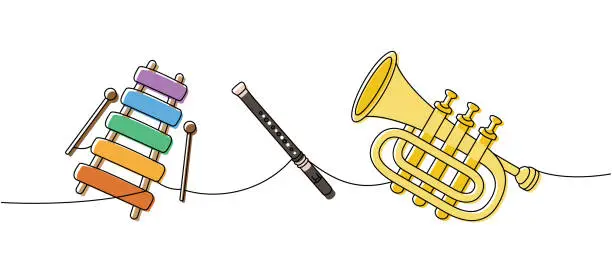 Vector illustration of Various musical instruments one line colored continuous drawing. Wooden xylophone, flute, trumpet continuous one line illustration.