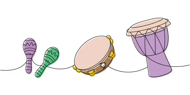 Vector illustration of Drum musical instruments one line colored continuous drawing. Djembe drum, bongo, maracas continuous one line illustration. Vector linear illustration