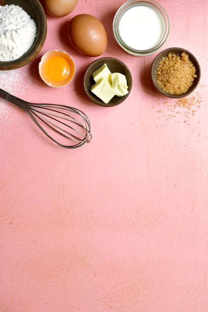 Food background with ingredients for baking. Top view with copy space.