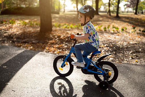 Boy riding a bicycle in a public park.