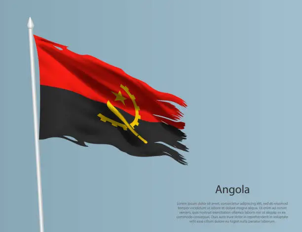 Vector illustration of Ragged national flag of Angola. Wavy torn fabric on blue background