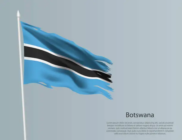 Vector illustration of Ragged national flag of Botswana. Wavy torn fabric on blue background