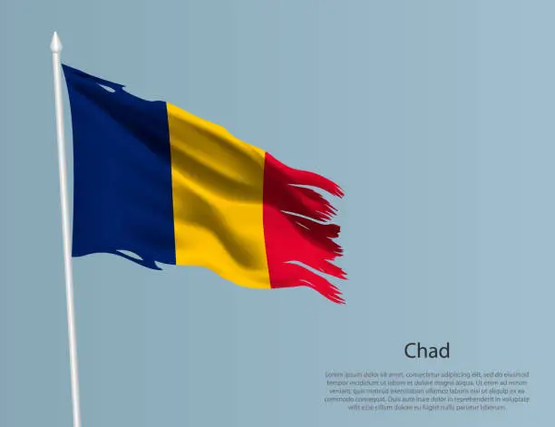 Vector illustration of Ragged national flag of Chad. Wavy torn fabric on blue background